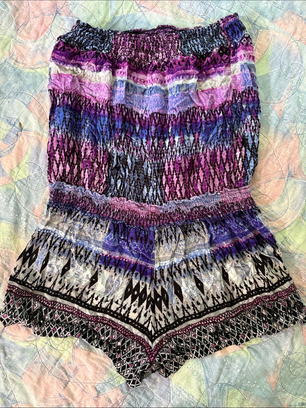 Airy Smocked Strapless Romper in Purple & Black Tribal Print- large